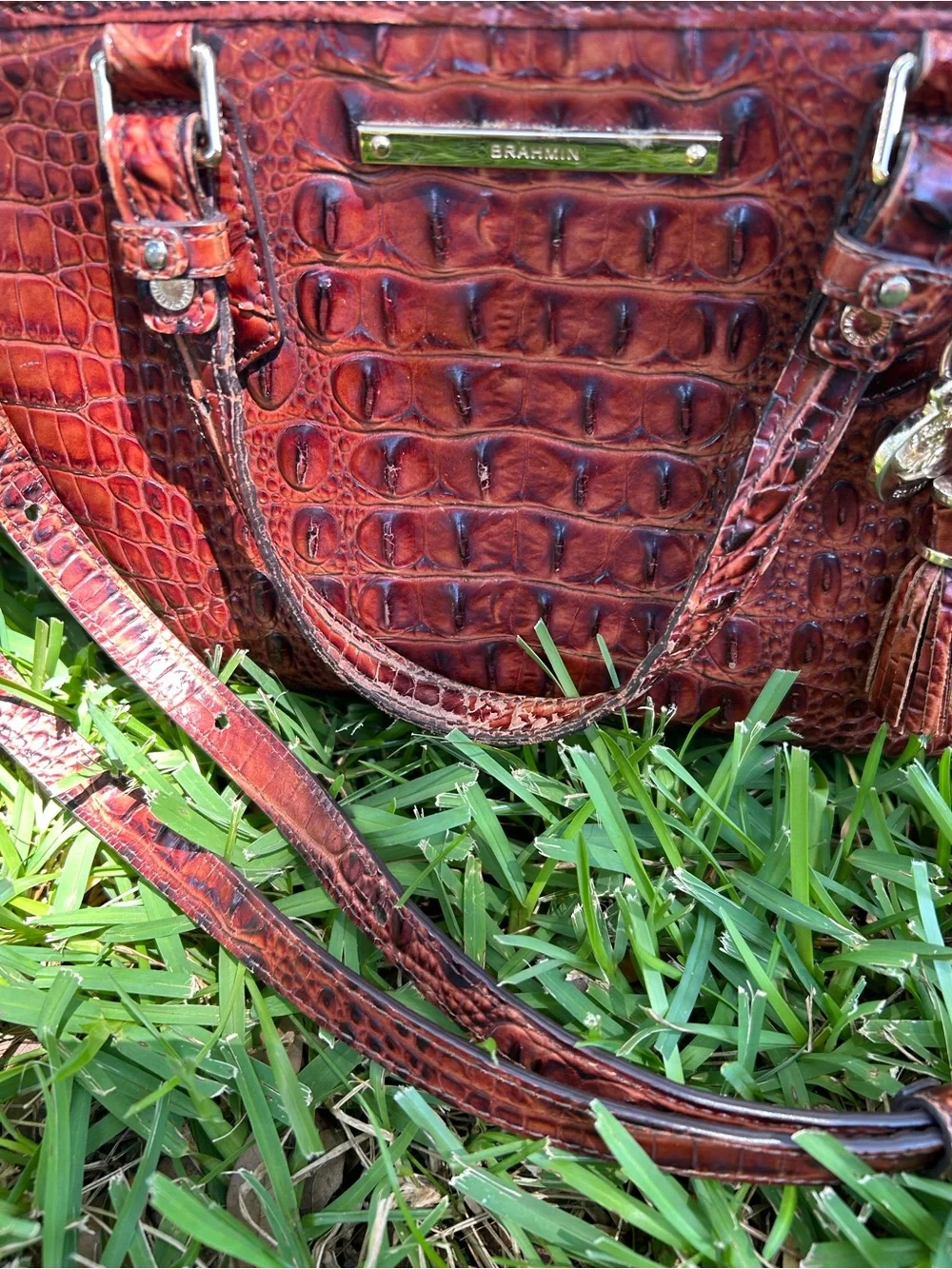 Brahmin Croc-Embossed Leather Shoulder Bag - Cognac Brown
